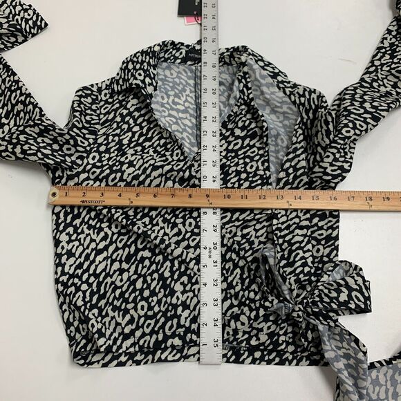 Pretty Little Thing Avalyn Wrap Blouse Womens 2 Cream Black Leopard Tie Front - Picture 8 of 15